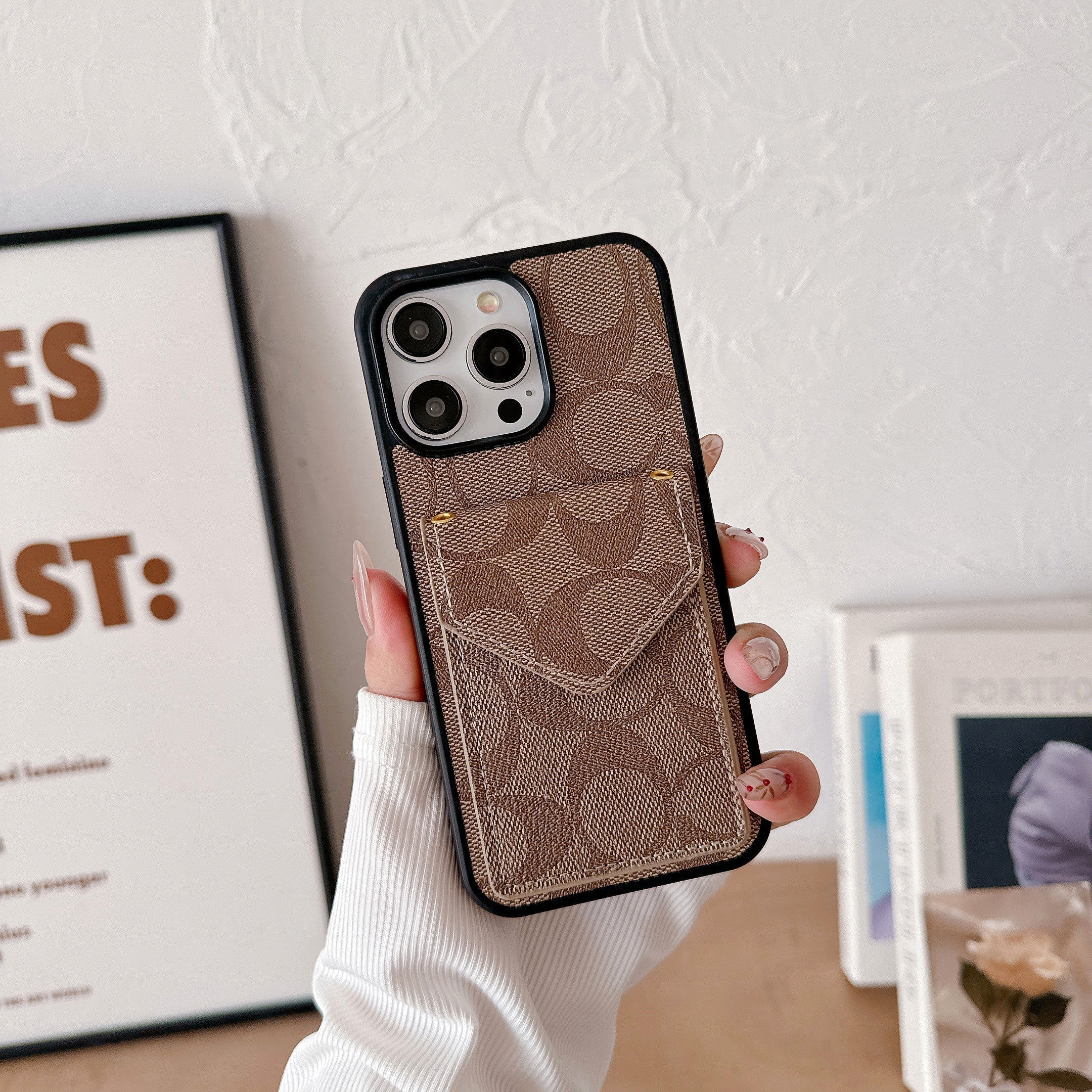 Classic iPhone Case With Card Holder And Strap Light Brown